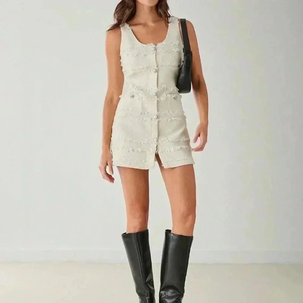 White Casual Women's Single-Breasted High-End Tassel Tweed Sleeveless Dress - Picture 8 of 8